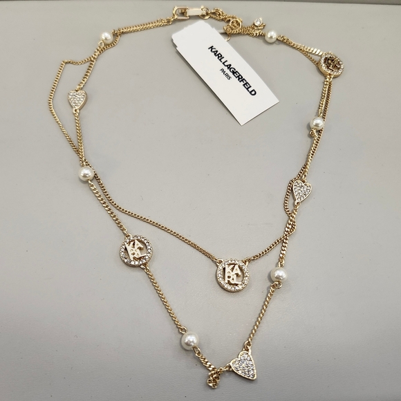 NWT Karl Lagerfeld Gold-Tone Pavé Heart, Logo & Imitation Pearl Layered Necklace - Picture 1 of 3